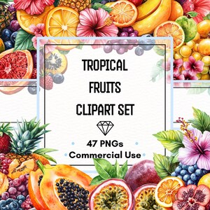 Puede incluir: Una vibrante ilustración en acuarela con una variedad de frutas y flores tropicales. La imagen incluye piñas, naranjas, plátanos y flores de hibisco. El texto central dice "TROPICAL FRUITS CLIPART SET" con detalles sobre el conjunto.