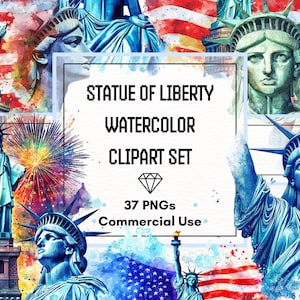 Conjunto de clipart da Estátua da Liberdade – Gráficos em aquarela do 4 de julho | 37 arquivos PNG | 300 DPI | Uso comercial