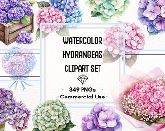 Hydrangea Clipart MEGA Bundle – 349 PNG Files | Watercolor Flowers, Wreaths & Bouquets | Commercial Use | 300 DPI