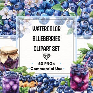 Ensemble de cliparts myrtilles – Baies aquarelles, tiges et bols | 60 fichiers PNG | 300 ppp | Utilisation commerciale