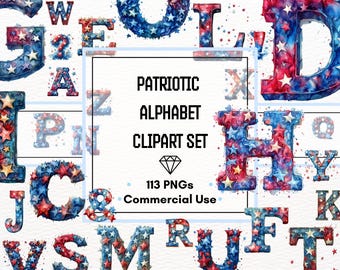 Patriotiskt alfabet clipart-set – A till Ö + symboler | 4 juli-bokstäver PNG | Röd vit & blå akvarell | 300 DPI