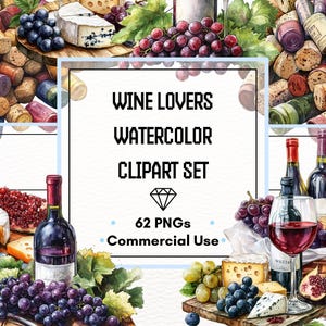 Set di clipart per amanti del vino: acquerello rosso, bianco, rosato, bottiglie, bicchieri, tappi di sughero / 62 file PNG / 300 DPI / Uso commerciale