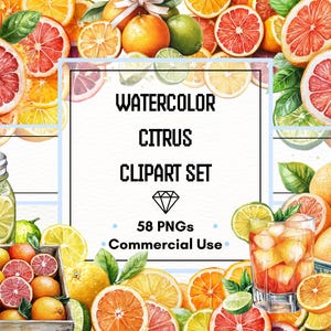 Può includere: Set di clipart di agrumi ad acquerello con arance, pompelmi, limoni e lime. L'immagine include frutti interi e a fette, oltre a un bicchiere di tè freddo. Il testo sull'immagine recita "Watercolor Citrus Clipart Set" e "58 PNGs Commercial Use."