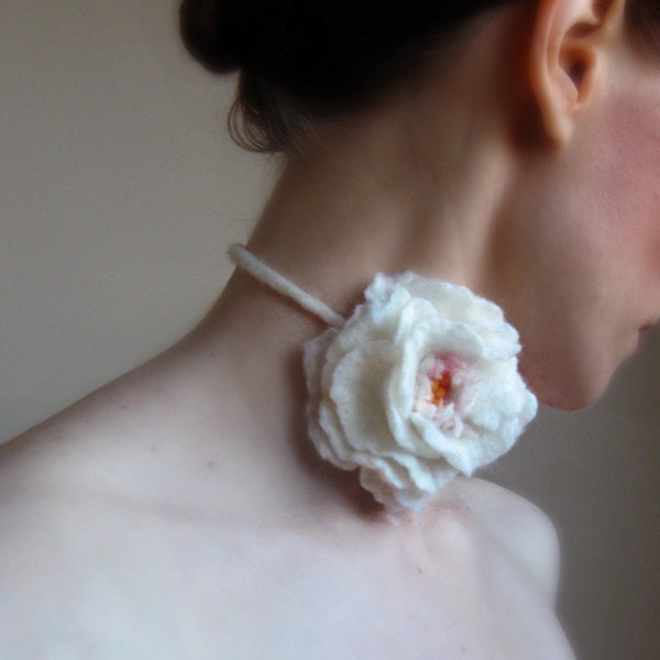 Allure -White Rose Felt Necklace-Choker-Hand Felted From Wool