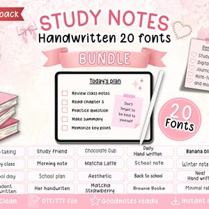 May include: A digital study notes bundle with 20 handwritten fonts, perfect for digital planners and journaling. The image features a tablet with a to-do list, a stack of pink books, and a pink floral arrangement. The text includes "Study Notes" and "Bundle."