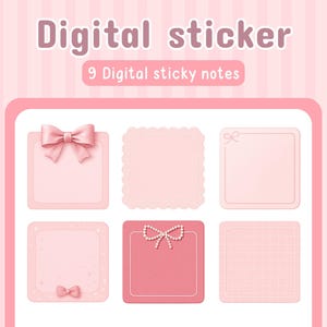 Könnte beinhalten: Digitales Sticker-Set mit neun digitalen Haftnotizen in Rosatönen. Jede quadratische Notiz hat dekorative Elemente wie Schleifen, Spitze und Perlenakzente. Der Text lautet "Digital sticker" und "9 Digital sticky notes".