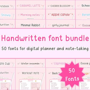 May include: A pink graphic featuring a handwritten font bundle with 50 fonts for digital planners and note-taking. The image displays various font names like "Winter notebook," "Caramel Latte," and "Cherry Blossom." The text is in pink and white.