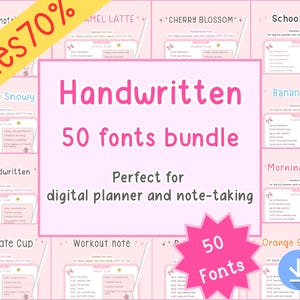 May include: A digital planner and note-taking bundle featuring 50 handwritten fonts. The image displays various pink-themed planner templates with titles like "Winter note" and "Cherry Blossom." A yellow banner indicates a 70% sale.