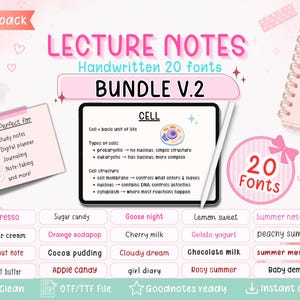 Puede incluir: Un paquete de fuentes digitales titulado LECTURE NOTES BUNDLE V.2 que incluye 20 fuentes manuscritas. La imagen muestra una tableta con notas de biología celular, una lista de nombres de fuentes y varios iconos de papelería de color rosa.