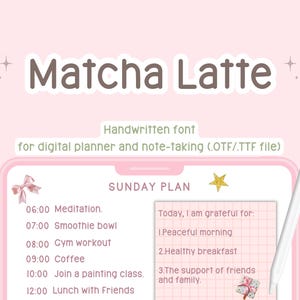 May include: A digital planner design with the text "Matcha Latte" in a handwritten font. The image includes a Sunday plan with activities like meditation and a gym workout, along with a gratitude list. A stylus is on the right.