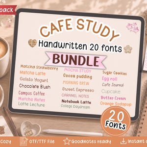 May include: A digital tablet screen displays the Cafe Study Handwritten 20 fonts bundle. The text lists twenty font names in various colors and styles. A circular badge in the bottom right corner reads 20 Fonts. The screen also features small star and heart icons.