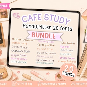 Puede incluir: Una pantalla de tableta digital muestra un paquete de 20 fuentes manuscritas Cafe Study con una lista de nombres de fuentes que incluye Matcha Strawberry, Mocha Study y Sugar Cookies. La pantalla presenta una pancarta rosa BUNDLE y una insignia 20 Fonts.
