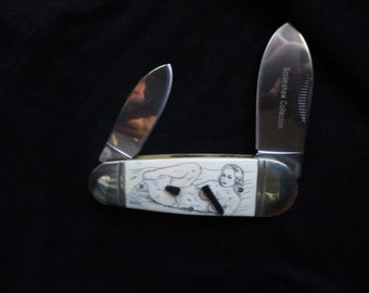 scrimshaw, steer bone, hand etched, pocket knife