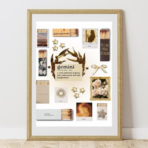 May include: A framed collage featuring various decorative elements. It includes matchboxes with different designs, gold stars, a bow, and framed images. The central text reads "Gemini" with a description. The phrase "ALL WE HAVE IS NOW" is also visible.