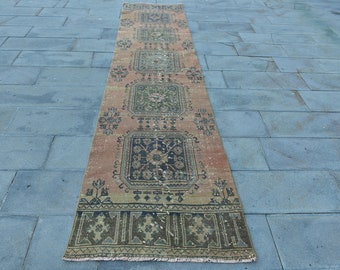 Vintage Rug, Turkish Rug, 3x11 Runner Rug, Oushak Rug, Rugs For Kitchen, 2.7x10.5 ft Brown Rug, Vintage Oushak Rug With Fringe, Long Rug