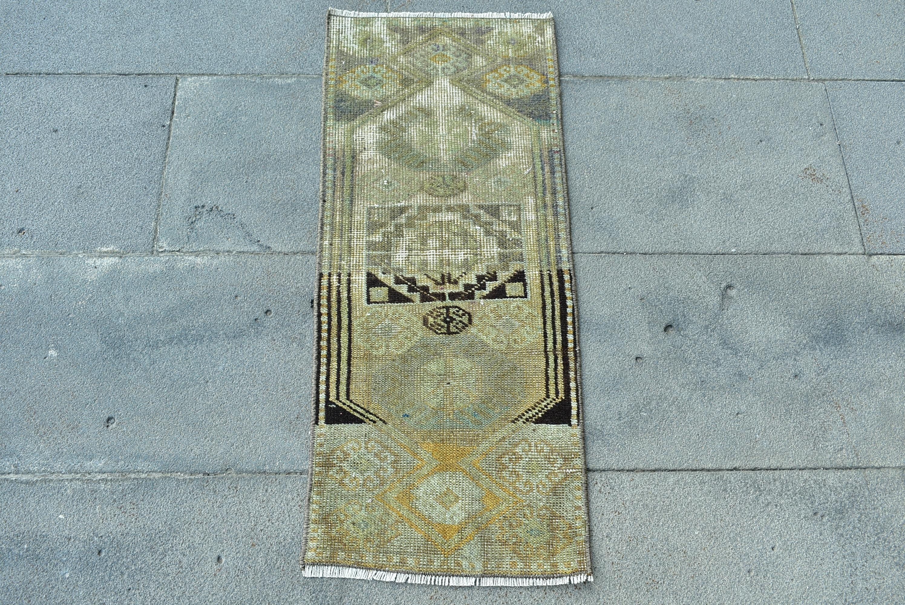 Vintage Rug, 2x3 Small Rug, Turkish Rug, Oushak Rugs, Rugs For Bathroom, 1.1x2.8 ft Green Rug, Luxury Vintage Wool Area Rug, Door Mat