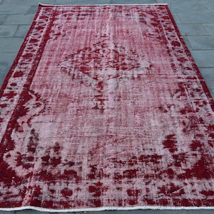Vintage Turkish Rug, Red Distressed Pattern, Area Carpet, 6x9ft, Traditional Home Decor, Unique Floor Covering, Handmade Textile