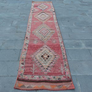 Vintage Turkish Runner Rug, 3x12 ft, Handwoven Antique Rug, Red Bohemian Rug, 79x374cm, Oriental Hallway Runner