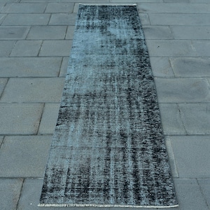 Turkish Rug, 2.4x8.1 ft Runner Vintage Rug, Black Blue Bordered Rug