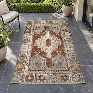 Turkish Varos Rug, Antique Carpet, Geometric Scatter Rug, 3.2x5.4, Red and Beige, Vintage Rectangular Accent Rug for Small Spaces