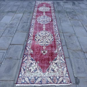 Tapis turc vintage 2,6 x 12,3 pi, tapis patchwork Oushak rouge