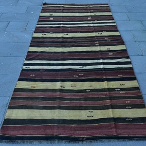 Turkish Kilim, Vintage Kilim, Area Kilim, Antique Striped Kilim, Rugs For Kitchen, 4x8.6 ft Brown Kilim, Colorful Kilim, Vintage Oushak Rug,