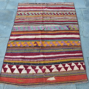 Turkish Kilim, Small Kilim, Vintage Patterned Kilim, Antique Kilim, Rugs For Bedroom, 3.2x4.4 ft Rainbow Kilim, Hand-Knotted Oriental Rug,