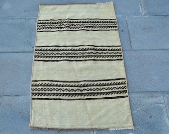 Vintage Turkish Wool Door Mat, 2x3ft, Handwoven Beige and Black Striped Rug, Geometric Pattern, Bohemian Home Decor