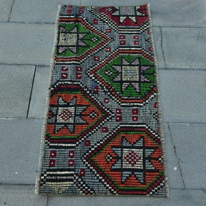 Vintage Kilim, Embroidered Kilim, Turkish Kilim, Oushak Kilim, Rugs For Bathroom, 1.6x3.5 ft Blue Kilim, Colorful Kilim, Distressed Rug,
