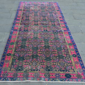 Vintage Turkish Area Rug, Colorful Geometric Patterns, Elegant Pink and Blue Accents, 4x9 ft Rectangular Carpet, Unique Home Decor