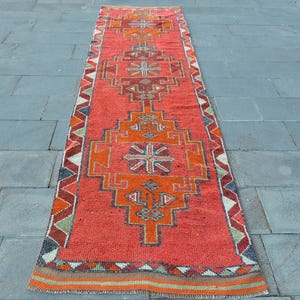 Turkish Rug, 3x12 Runner Rug, Vintage Rug, 3x11.5 ft Red Rug, Wool Hallway Rug, Antique Turkish Carpet,