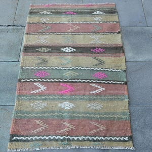Vintage Turkish Door Mat, 2x3ft, Handmade Wool Rug, Pastel Colors, Geometric Pattern, Unique Home Decor