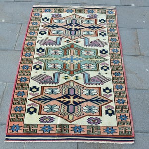 Turkish Kilim Rug, 3x4ft, Handwoven Colorful Geometric Patterns, Vintage Door Mat, Traditional Star Motif, Pastel Floral Design