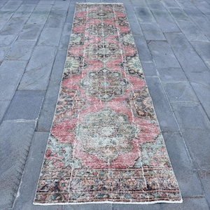 Turkish Rug, Vintage Rug, 3x12 Runner Rug, Oushak Rugs, Rugs For Hallway, 3x12.5 ft Red Rug, Soft Washable Antique Rug, Wool Runner Rug,