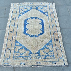Vintage Turkish Rug, 3x4ft Small Rug, Blue Anatolian Carpet, Entryway Wool Rug, Boho Home Decor, Mid Century Floor Rug, Handmade Woven Rug