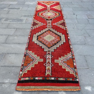 Alfombra Herki, Alfombra Vintage, Alfombra de Pasillo de 3x12, Alfombra Turca, Alfombra Anatolia, Alfombras para Pasillo, Alfombra Roja de 3.2x12.3 pies, Alfombra Vintage de Lana de Lujo