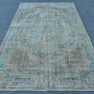 Vintage Turkish Area Rug, Floral Design, 5x9ft, Soft Pastel Beige, Blue and Pink Accents, Elegant Home Decor, Unique Oriental Carpet
