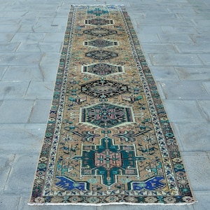 Turkish Runner Rug, Vintage Rug, 3x12ft Long Rug, Antique Turkish Carpet, Hallway Rug, Handmade Wool Rug, Geometric Design, Boho Decor Rug