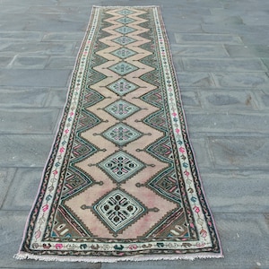 Türkischer Vintage Läufer Teppich 100x300, Braun Rosa Patchwork Wollteppich