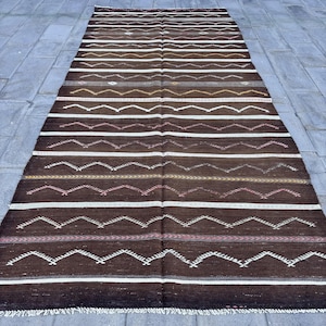 Turkish Kilim, Oversize Kilim, Vintage Kilim, Patterned Oushak Kilim, Rugs For Dining Room, 5.8x13.2 ft Brown Kilim, Modern Minimalist Rug,