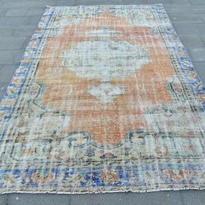Vintage Turkish Rug, Distressed Look, 6x9ft, Orange and Blue Floral Motif, Unique Area Carpet, Bold Center Medallion Design