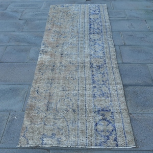 Alfombra vintage de 2,8 x 7,4 pies, alfombra turca tipo pasillo, alfombra de patchwork azul grisácea.