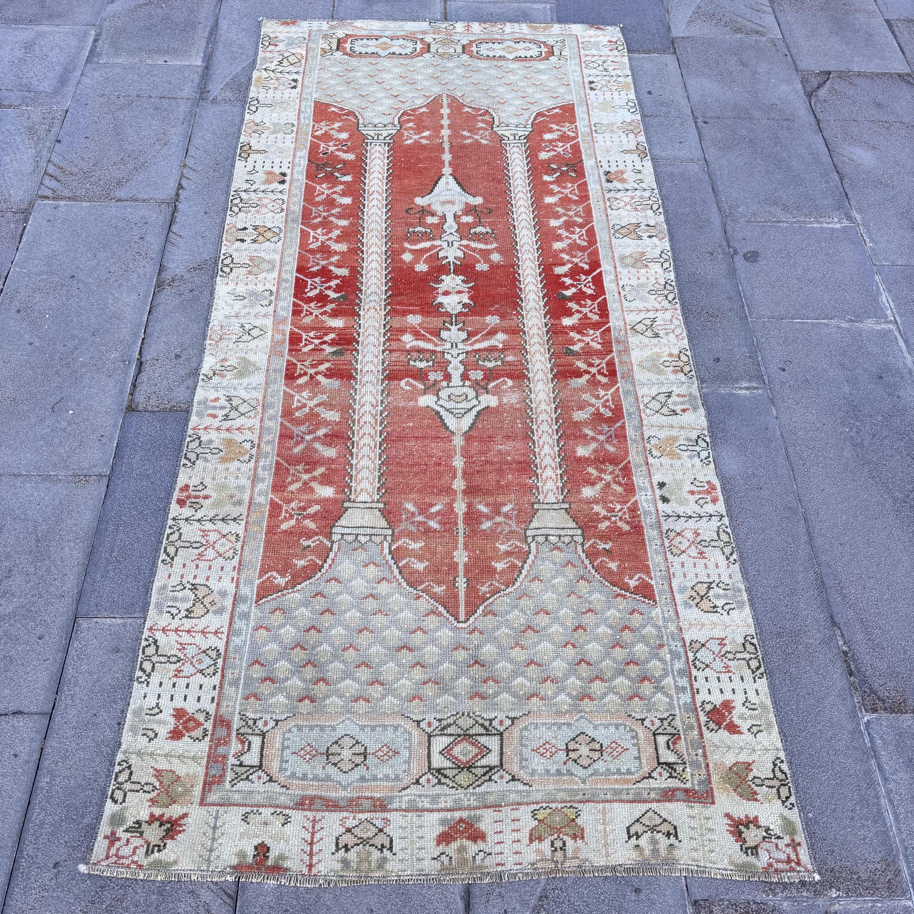Vintage Turkish Accent Rug 3.2x7 Ft (97x213 Cm), Red Check Oushak