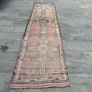 Vintage Rug, 3x12 Runner Rugs, Turkish Rug, Herki Rug, Anatolian Kilim, Rugs For Corridor, 3.1x12.5 ft Beige Rug, Wool Rug With Fringe,