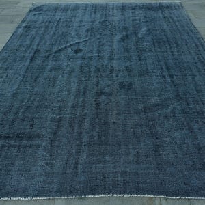 Vintage Turkish Area Rug, Dark Blue Minimalist Design, Handwoven 8x10ft, Elegant Living Room Decor, Unique Textured Carpet