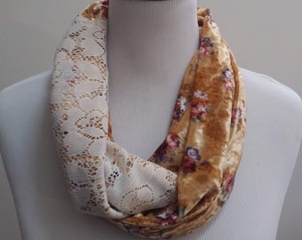 Golden Floral Velvet and Lace Infinity Scarf, Loop Scarf, Circle Scarf, Handmade Boho Scxrf