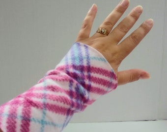 Pink Plaid Fleece Wrist Warmers - Arm Warmers - Fingerless Gloves - One Size Fits Most