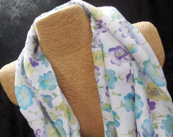 Soft Flower Garden Cotton Infinity Scarf - Summer Scarf - Blue and Purple Flower Scarf - Lightweight - Free Shipping
