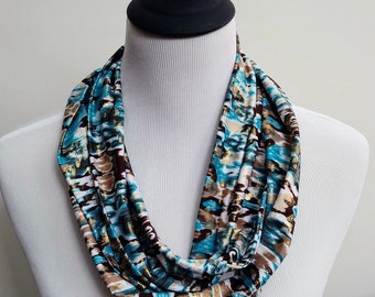 Ocean Shimmer Infinity Scarf - Summer Weight Scarf - Turquoise, Brown and Gold - Lightweight