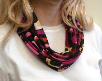 Bright Abstract Geometric Design Infinity Scarf, Colorful Print Circle Scarf, Double Loop Scarf